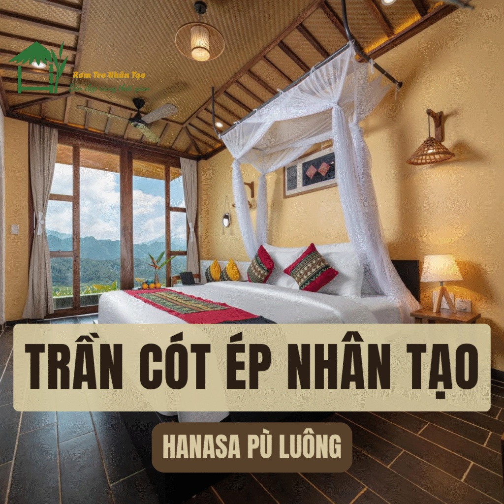Nội thất phòng ngủ tại Hanasa Pu Luong Resort với trần nhà làm từ cót ép nhân tạo, giường đôi có màn, cửa sổ lớn nhìn ra thiên nhiên.