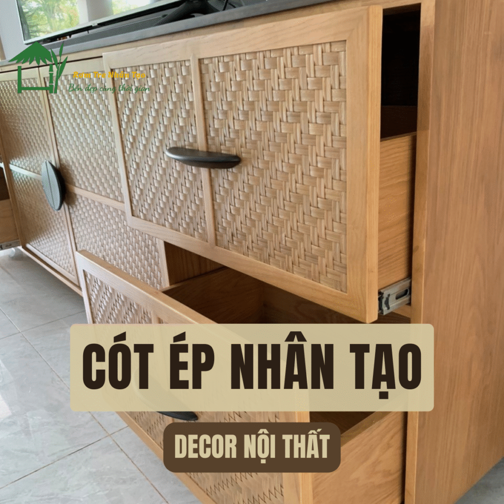 ủ gỗ với các ngăn kéo và cánh cửa được làm từ cót ép nhân tạo, tay nắm kim loại màu đen.