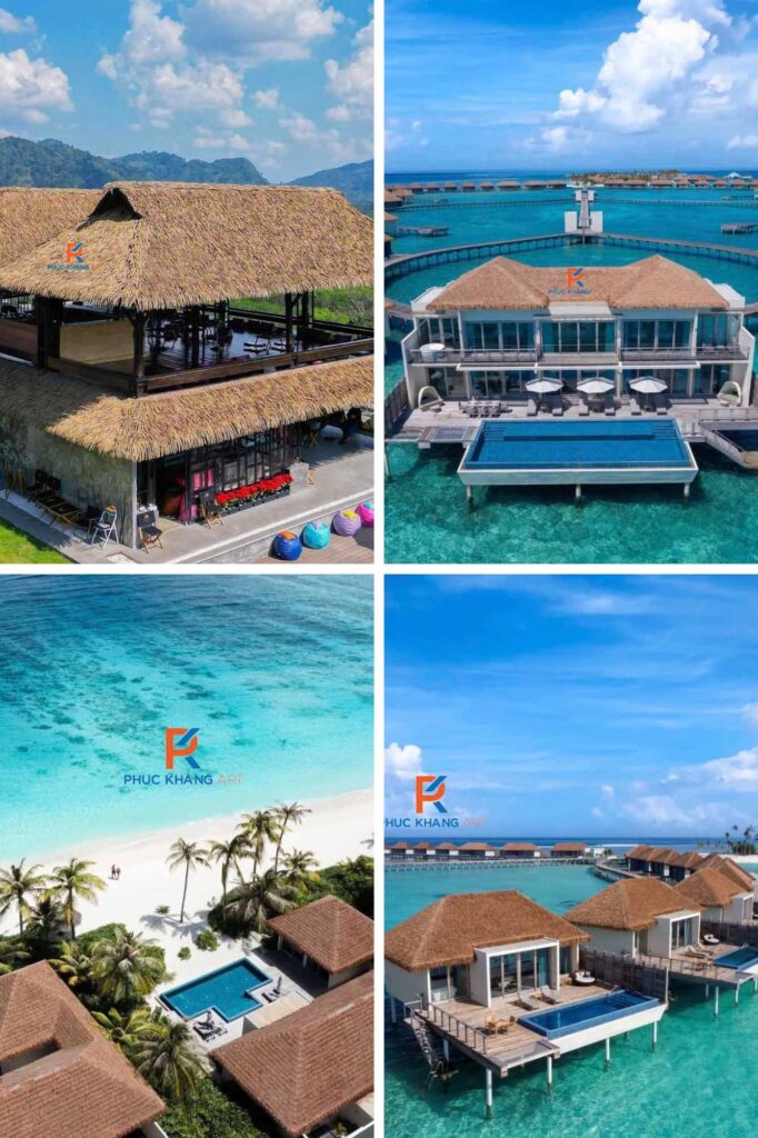 Bộ ảnh tổng hợp kiến trúc resort biển dùng mái rơm nhân tạo, nhiều góc chụp flycam khác nhau.