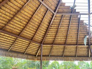 Cận cảnh mặt dưới mái rơm nhân tạo, thể hiện kỹ thuật thi công trực tiếp trên khung.