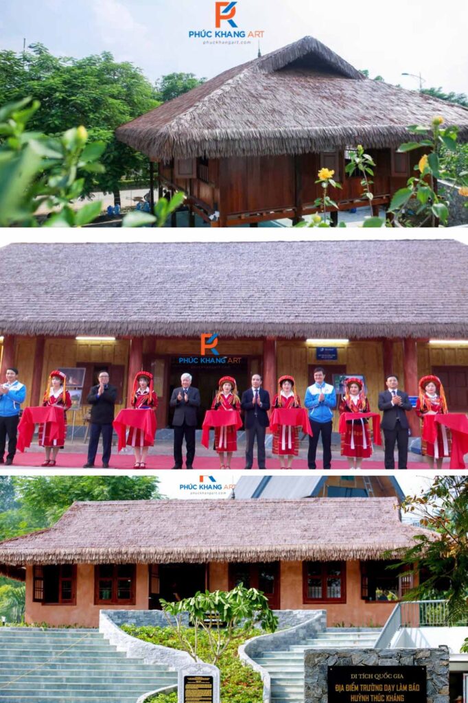 Tổ hợp hình ảnh thực tế bao gồm biệt thự, lễ khai trương và nhà mái rơm – minh chứng cho khả năng ứng dụng đa dạng của sản phẩm.